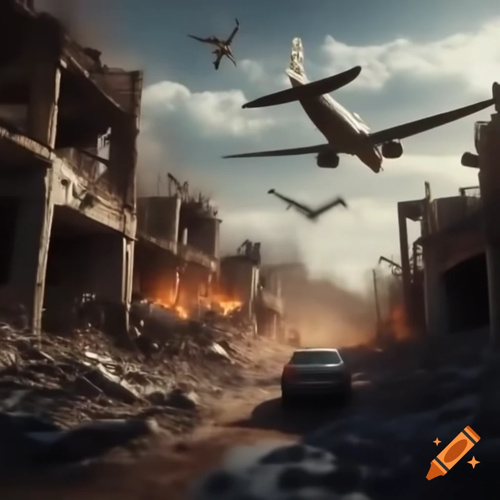 Destroyed environment with airplane flying and car emitting fumes