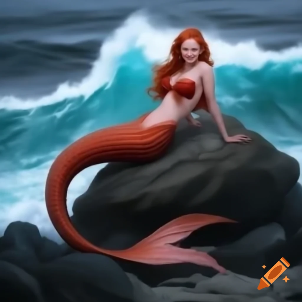 Redhead mermaid resting on rock with crashing waves