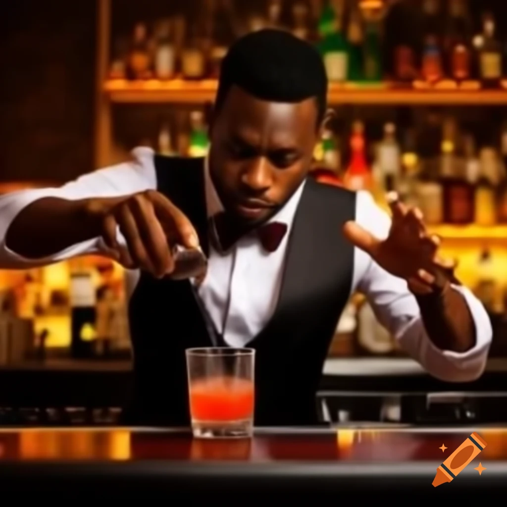 Black bartender serving drinks at a bar