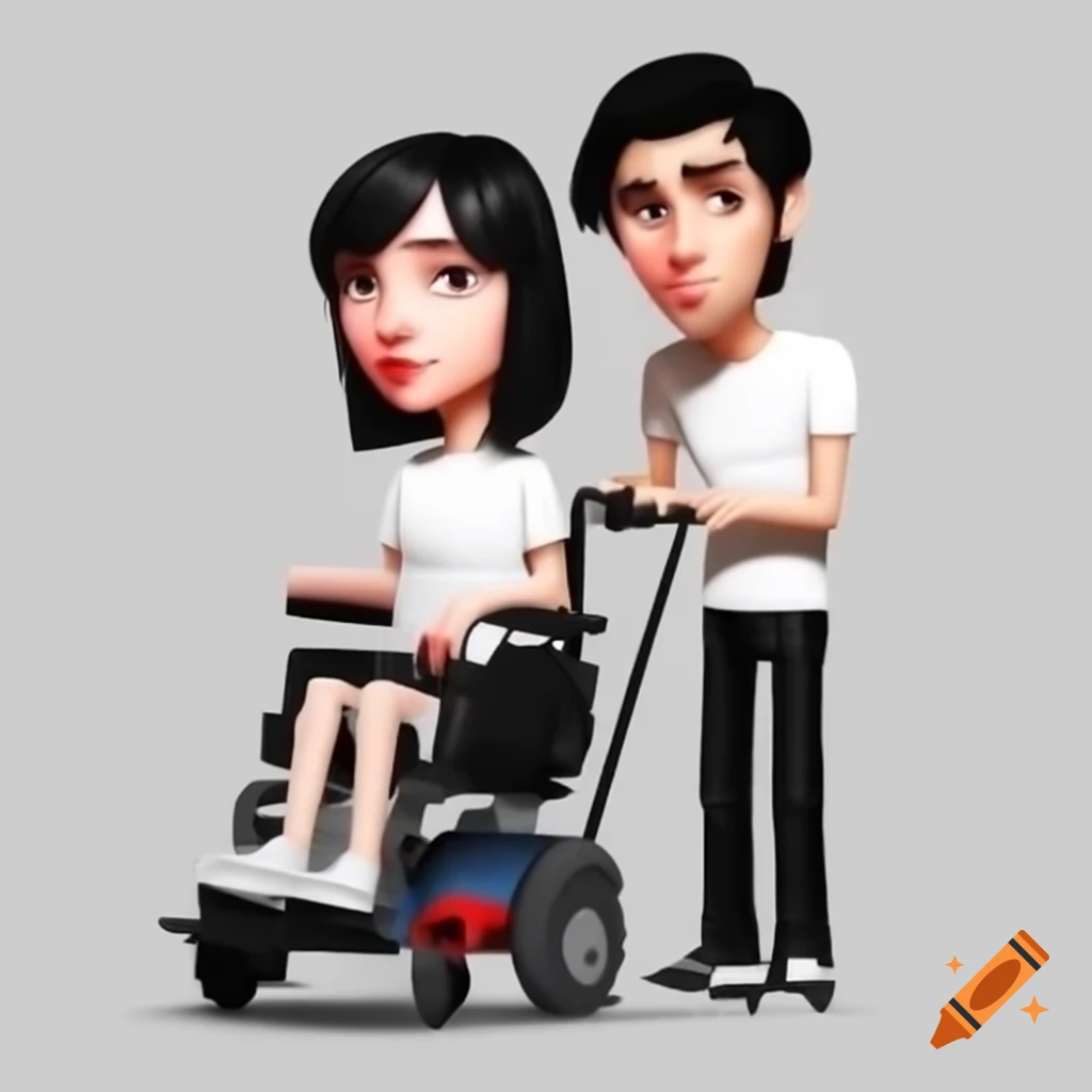 Cartoon illustration of a blind man with cane helping a woman in an electric wheelchair