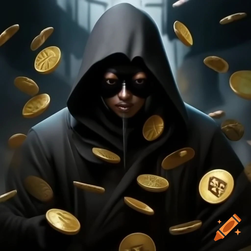 Asian man in cloak and mask surrounded by cryptocurrency coins and ...