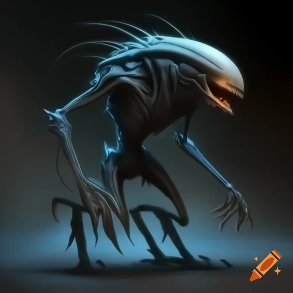 Tall extraterrestrial creature with smooth black exoskeleton and bioluminescent veins
