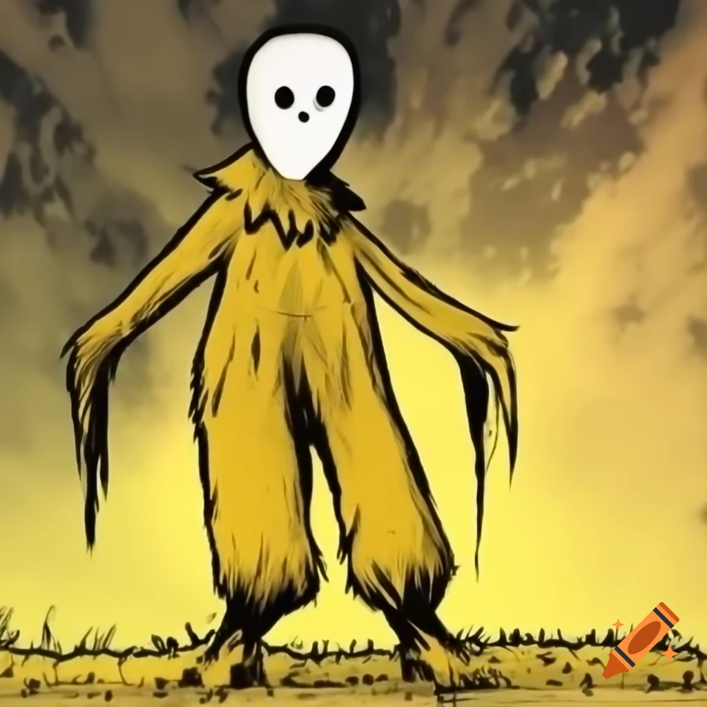 Scarecrow with mask and yellow cloak watching over field
