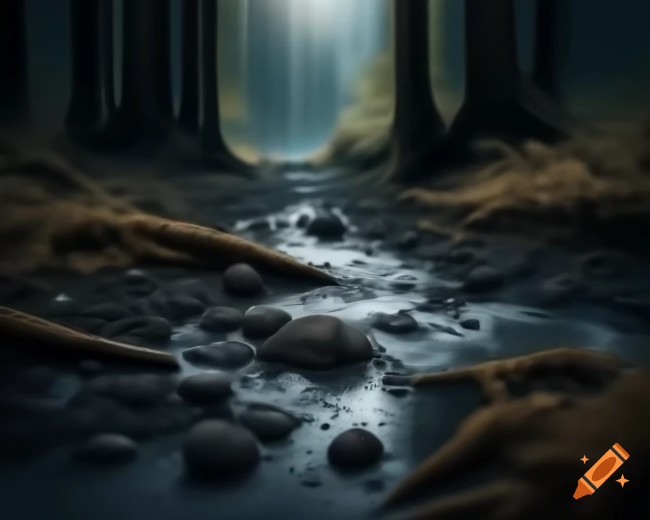 Polluted river of dark sludge with meatballs in a dark forest of dying trees