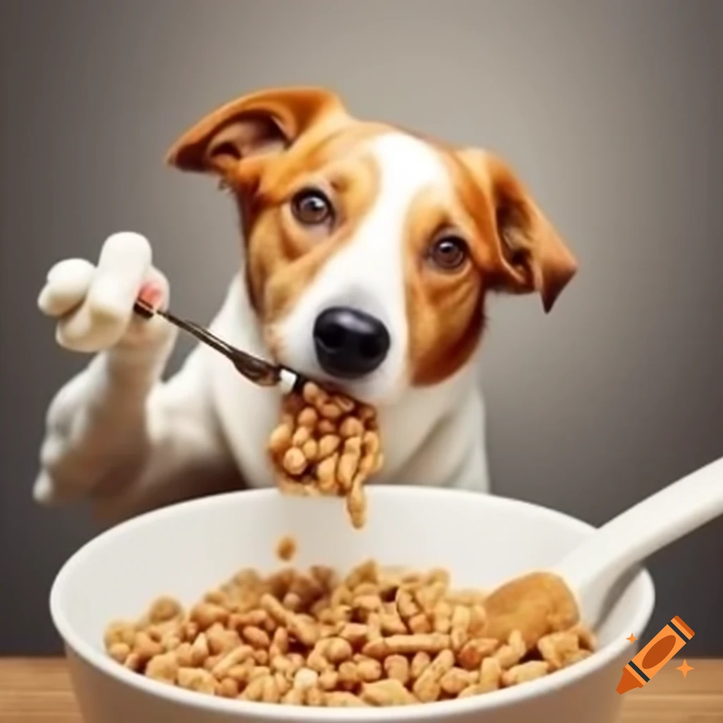 Dogs amusingly eating cereal with a spoon
