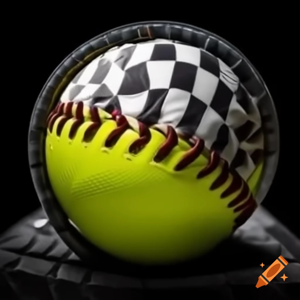 Softball ball tearing through checkered racing flag men's logo