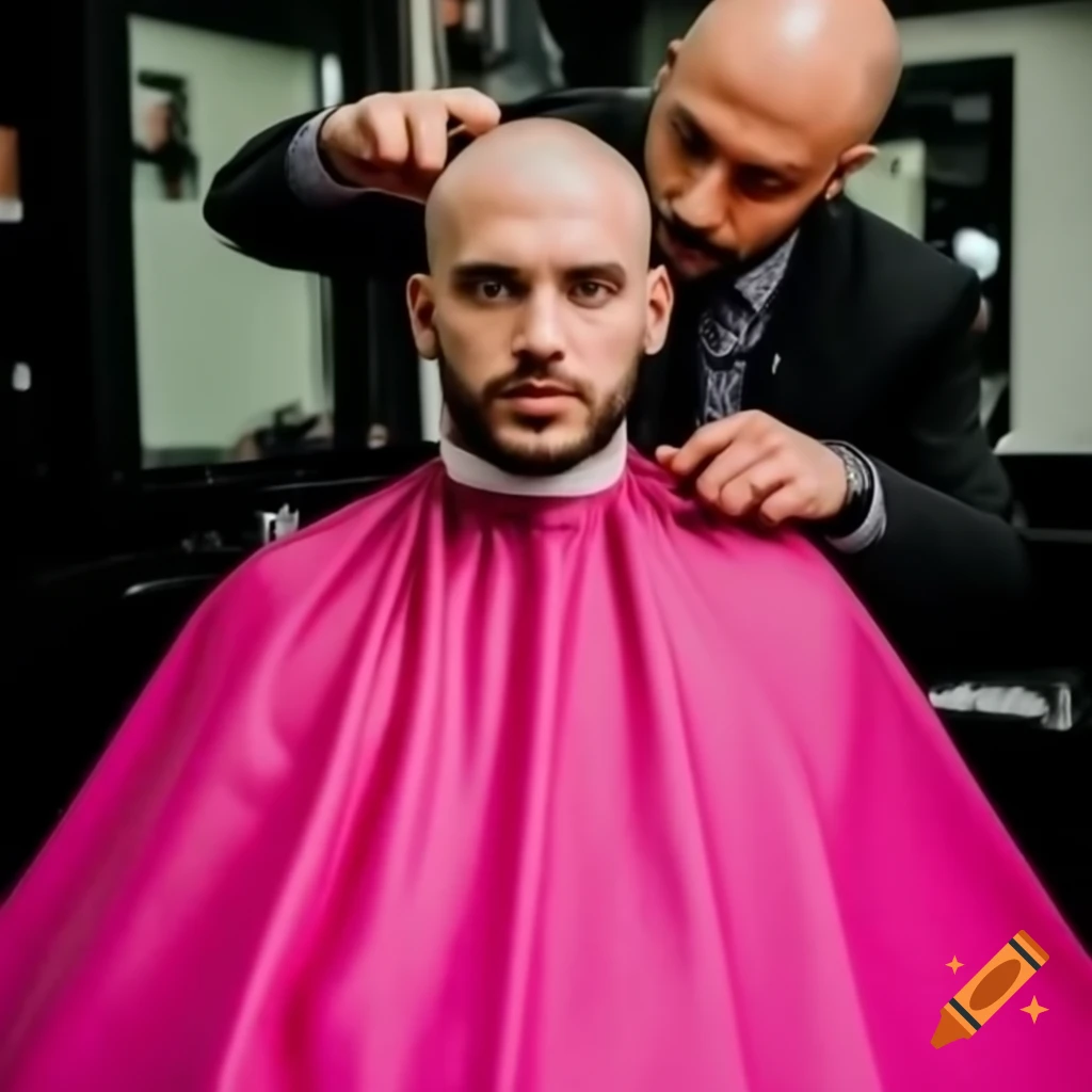 Bald barber in suit trimming hair of a man in a pink barbershop cape