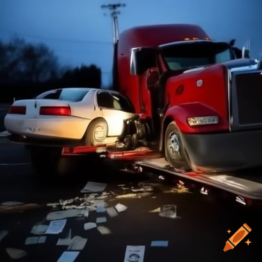Red truck with white trailer involved in accident with parked car, debris scattered at dusk