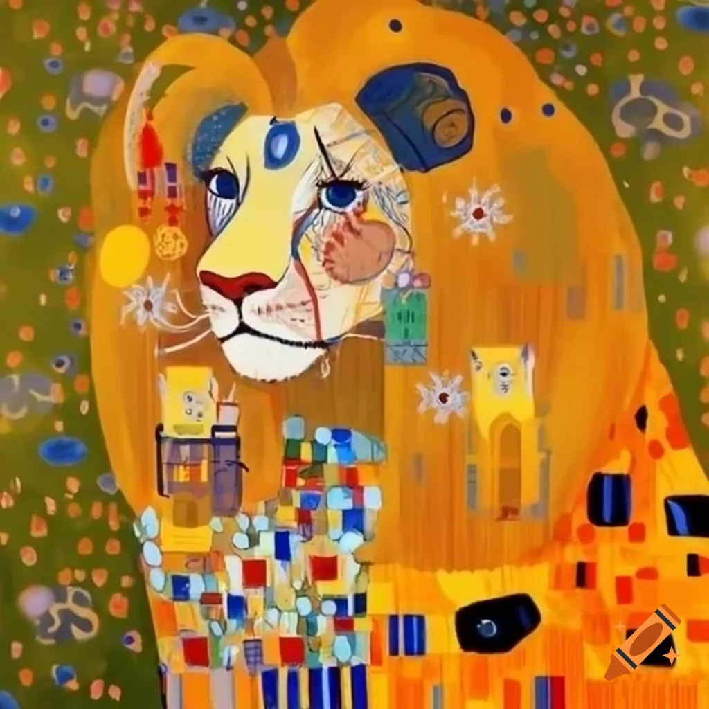 Löwe im Stil von Klimt, kunstvolles Bild mit goldenen Mustern