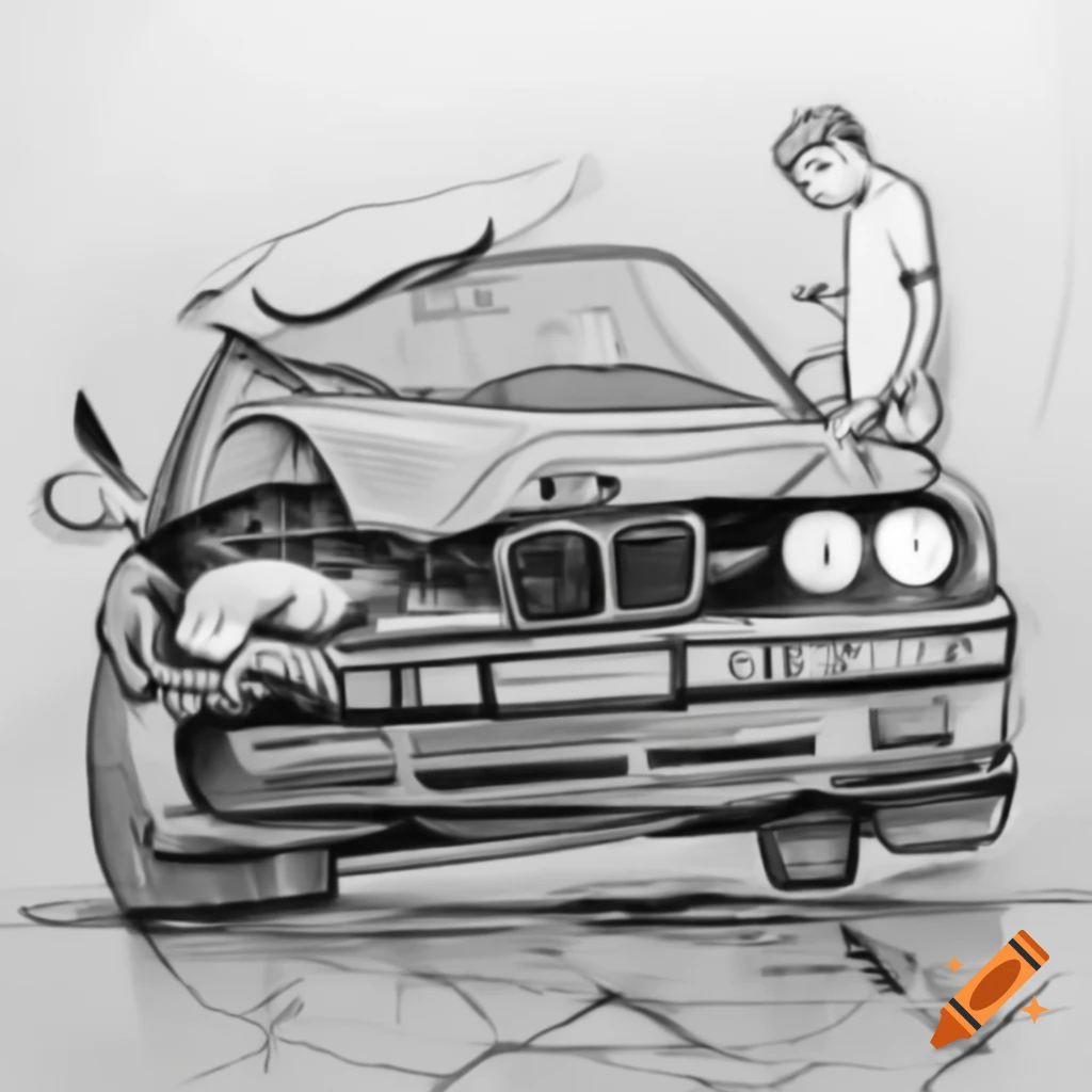 Sketch of a man pushing a broken BMW E36