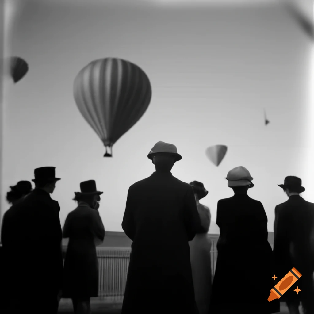 Vintage scene with people observing hot air balloon