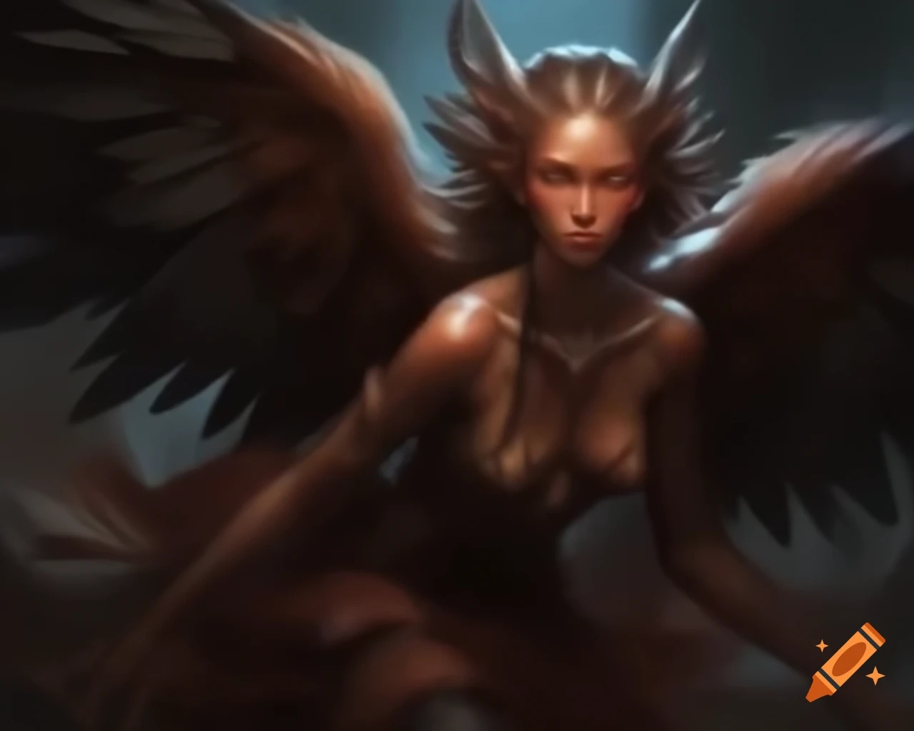 Ethereal being with brown skin and blue eyes soaring with feathered wings