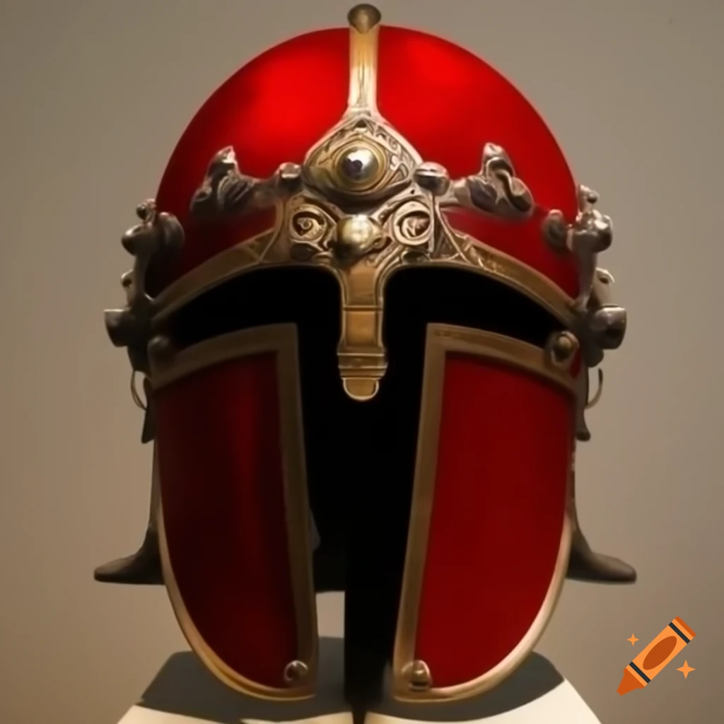 Ornate regal helmet in crimson and black with intricate detailing