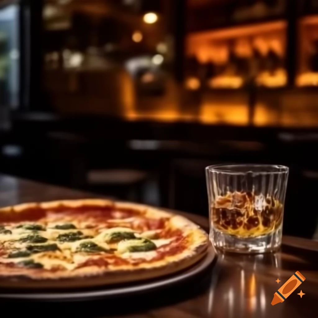 Pizza and a short glass of whiskey on a cafe bar table at night, photorealistic