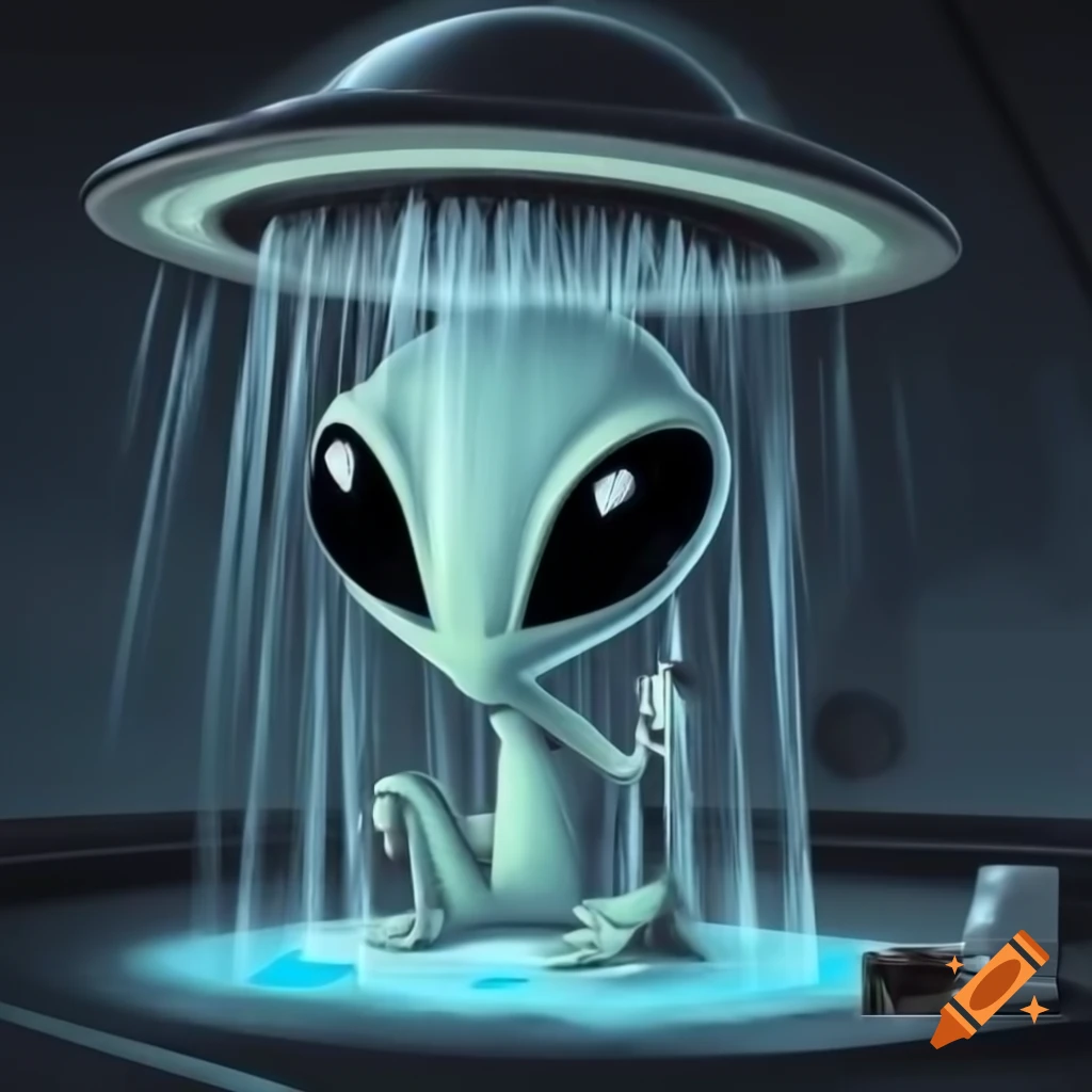 Grey alien with big black eyes showering under UFO beam resembling a shower