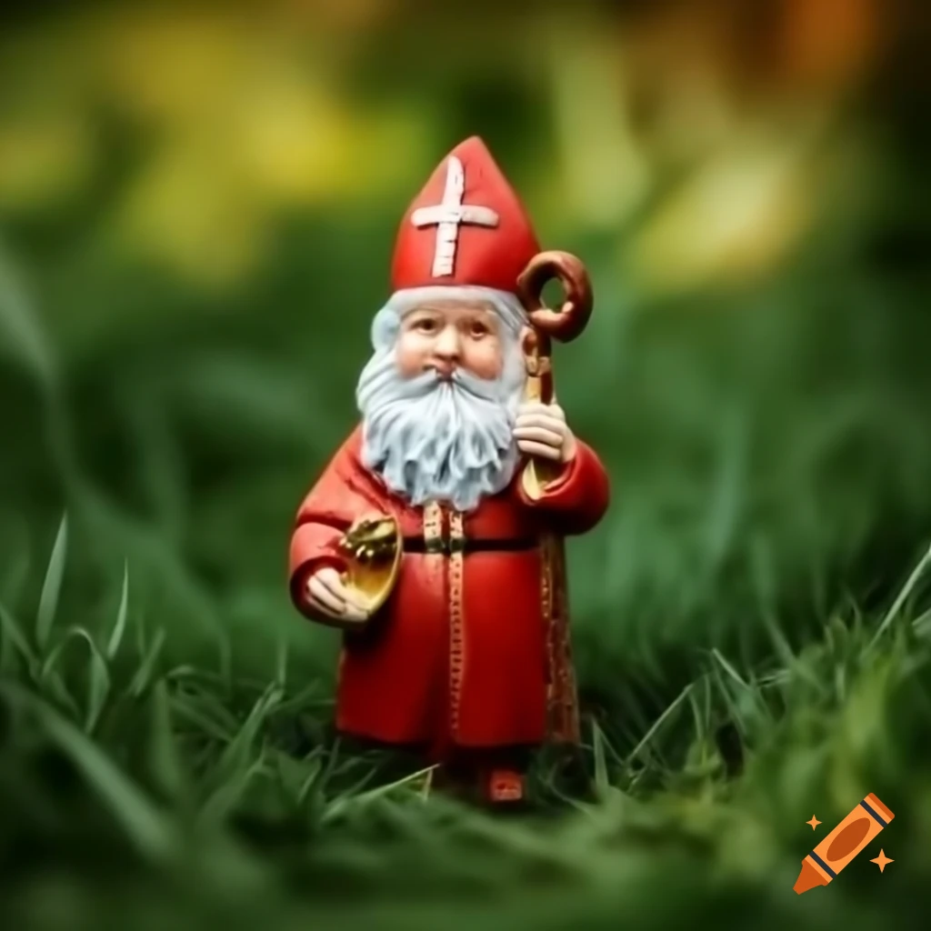 Miniature Saint Nicholas figurine amidst lush green grass