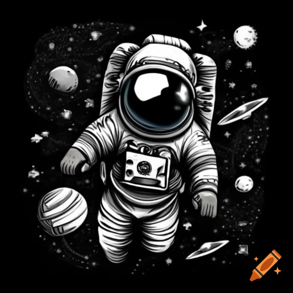 Monochromatic illustration of astronaut floating in space with vintage hand-drawn style