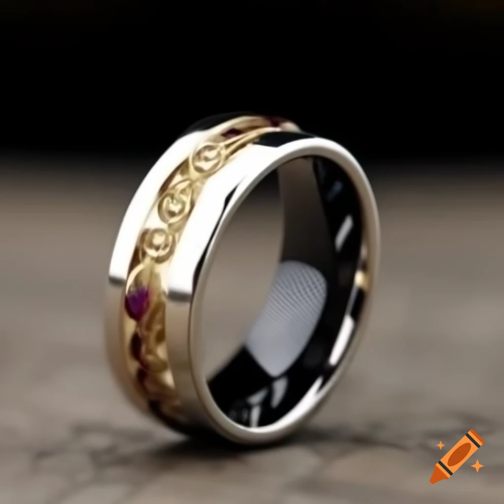 Male wedding ring featuring gold and silver band with black and ruby gems