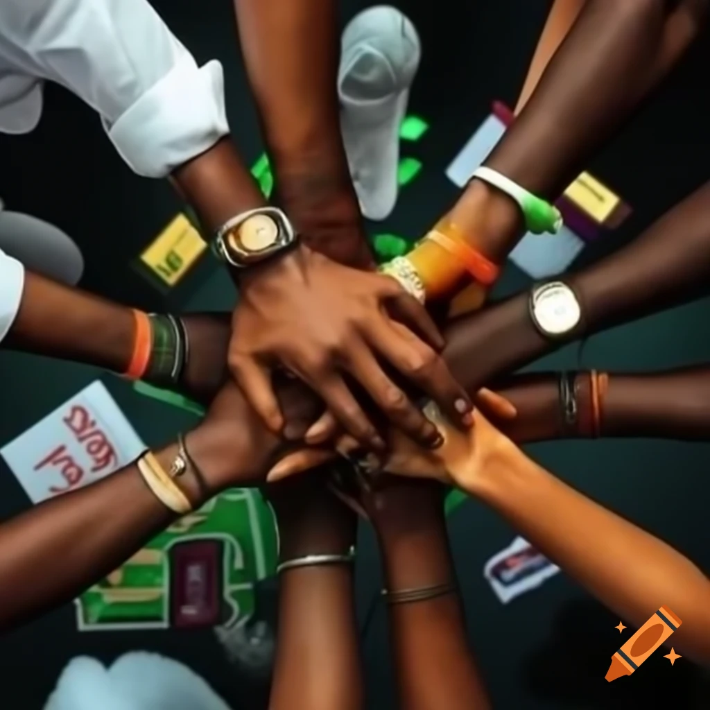 Close-up of African male hands symbolizing teamwork with sports memorabilia