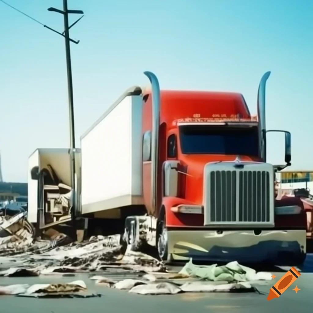 Red truck pulling white trailer crashes into pole with debris of cash in parking lot
