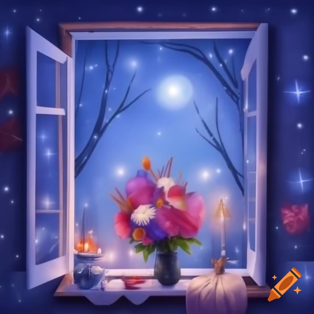 Bouquet of flowers on windowsill during winter night with stars