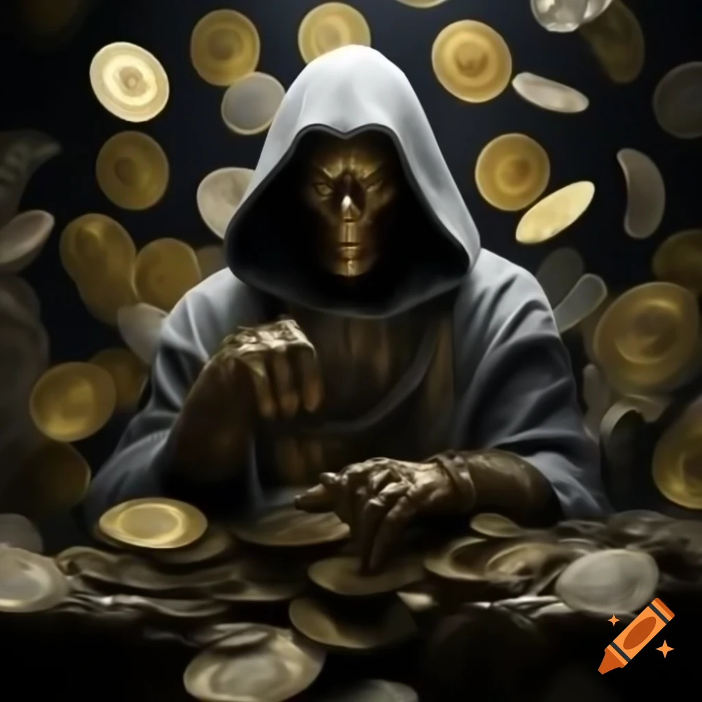 Fictional character as a crypto god with cryptocurrency backdrop on Craiyon