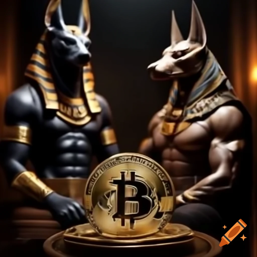 Bitcoin symbol alongside Anubis and a handsome man on Craiyon