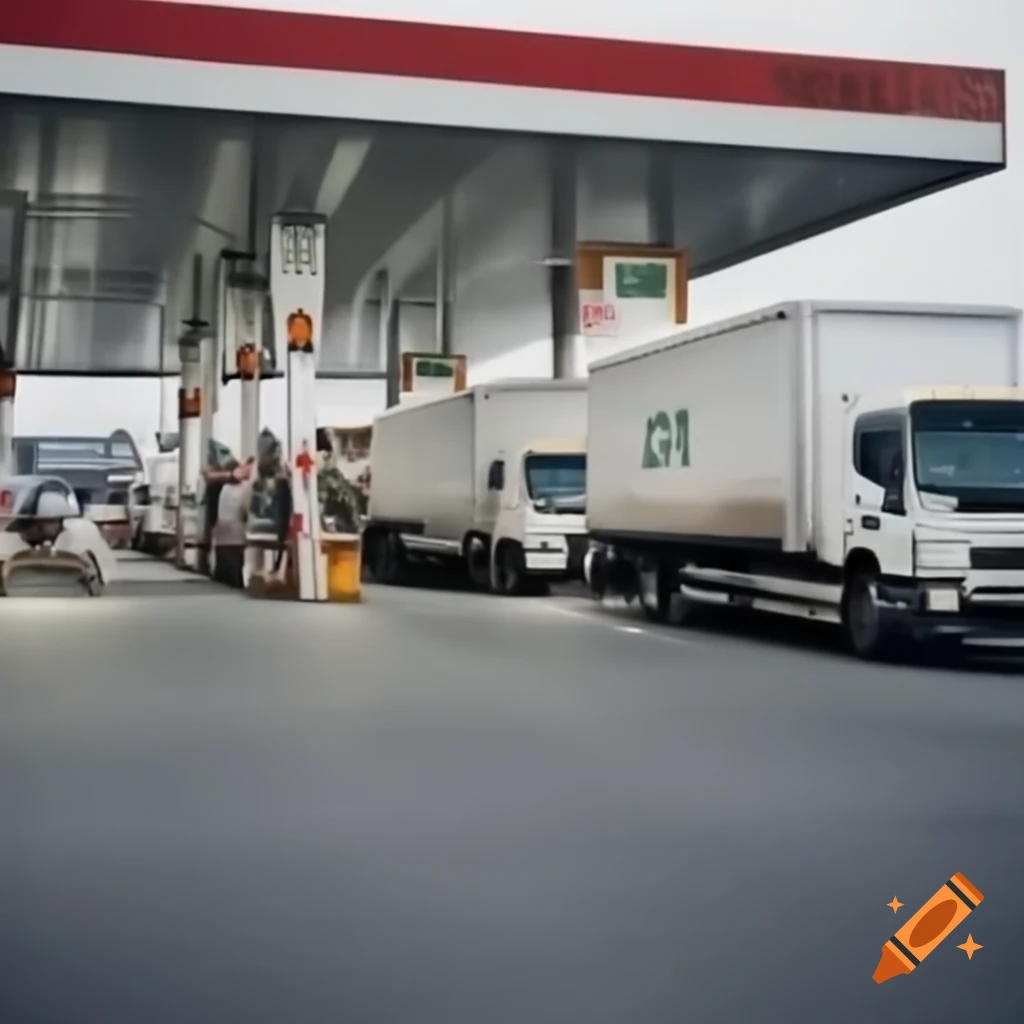 Line of trucks in heavy traffic at a toll booth or security checkpoint