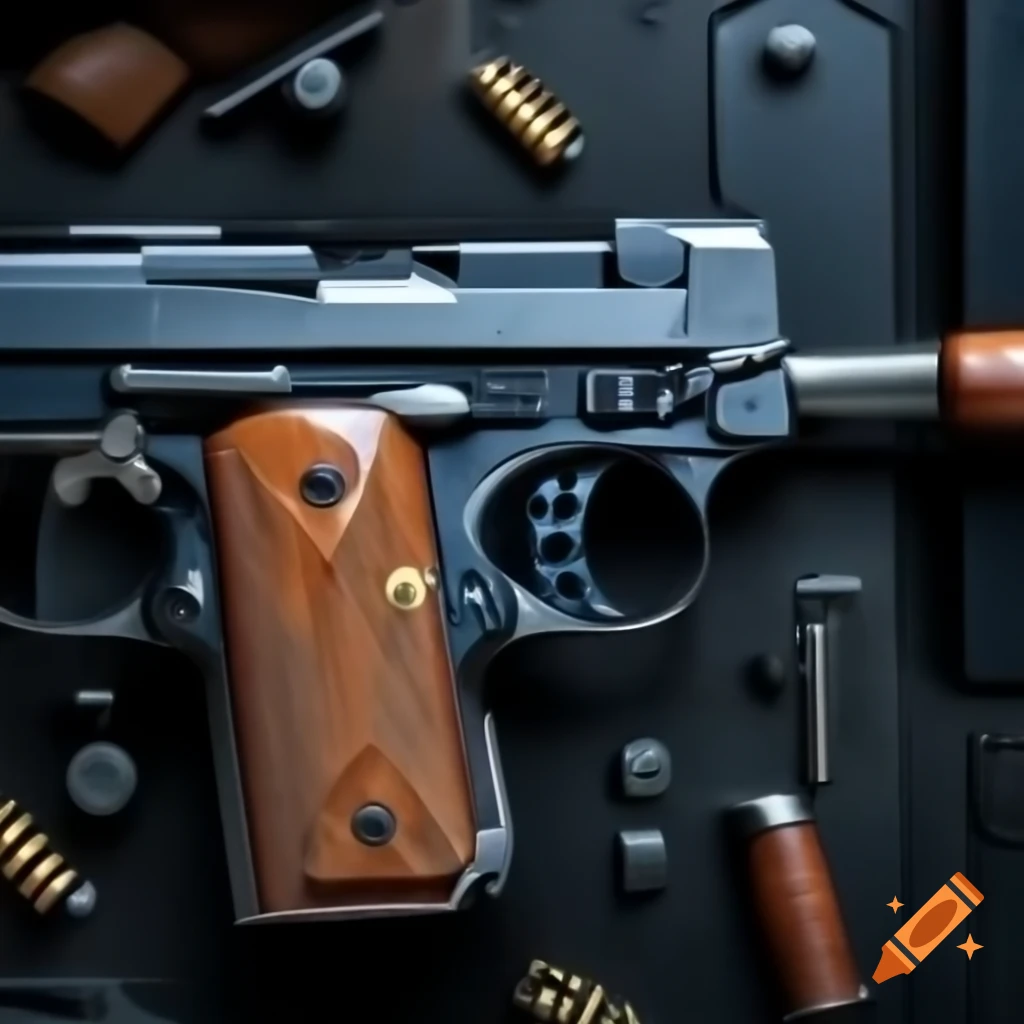 High-tech handgun in commercial advertisement with blurred Italian summer background