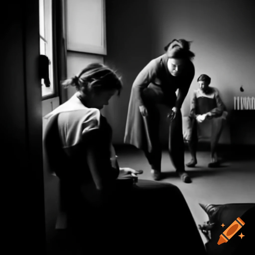 Woman talking to doctor in asylum room, another woman showing distress