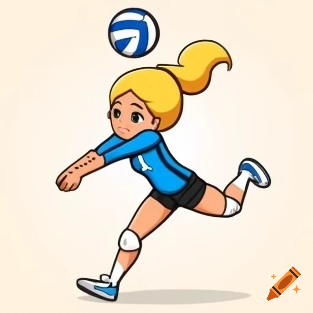 Female volleyball athlete with blonde hair in blue jersey spiking ball