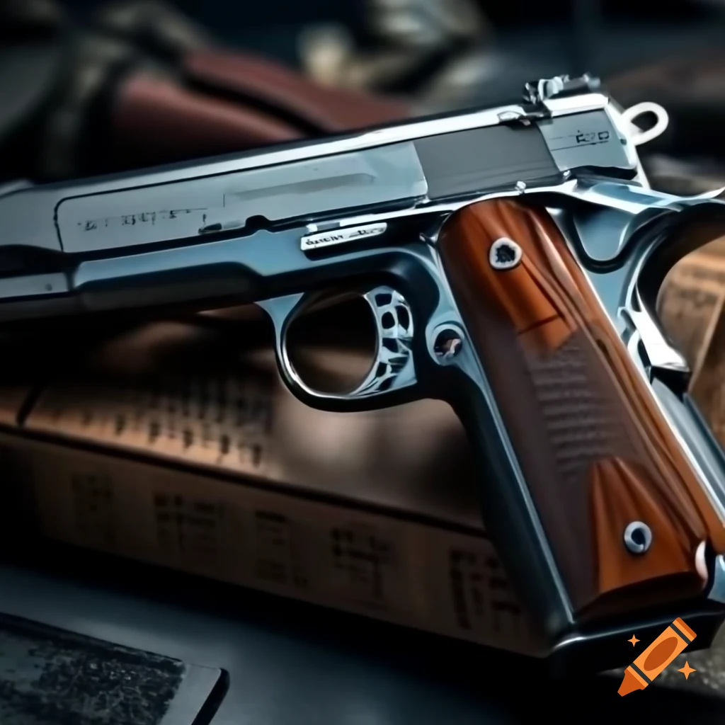 High-tech handgun in commercial advertisement with blurred Italian summer background