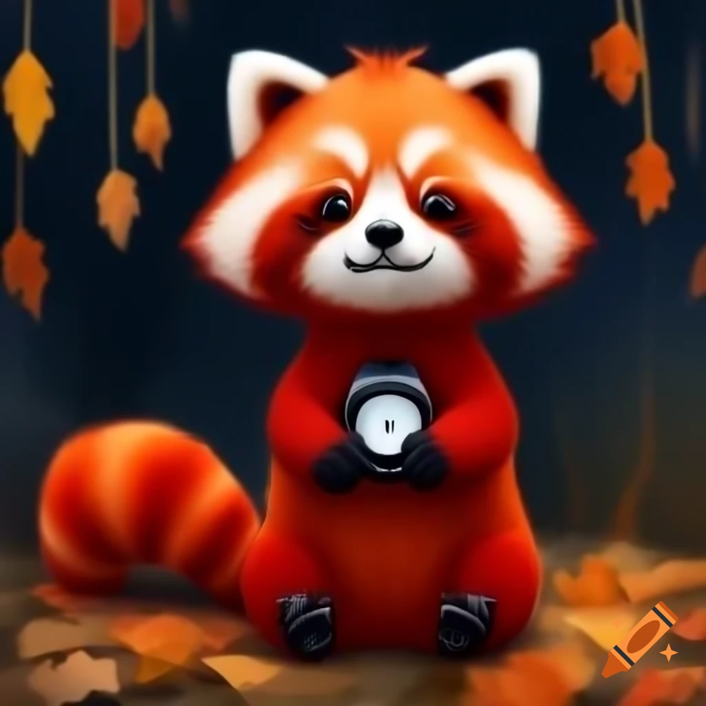 Red panda wearing smart watch against autumn night backdrop