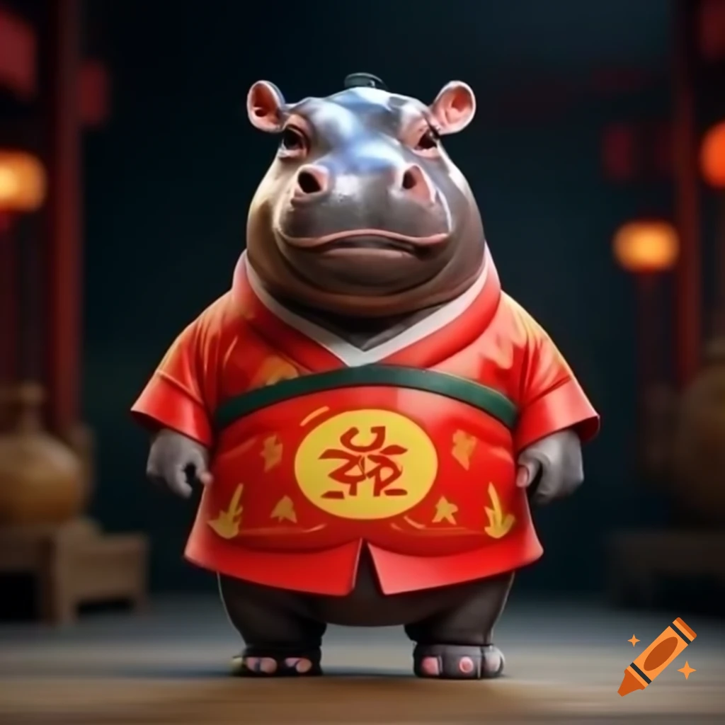Pygmy hippo dressed in Chinese clothes holding championship trophy