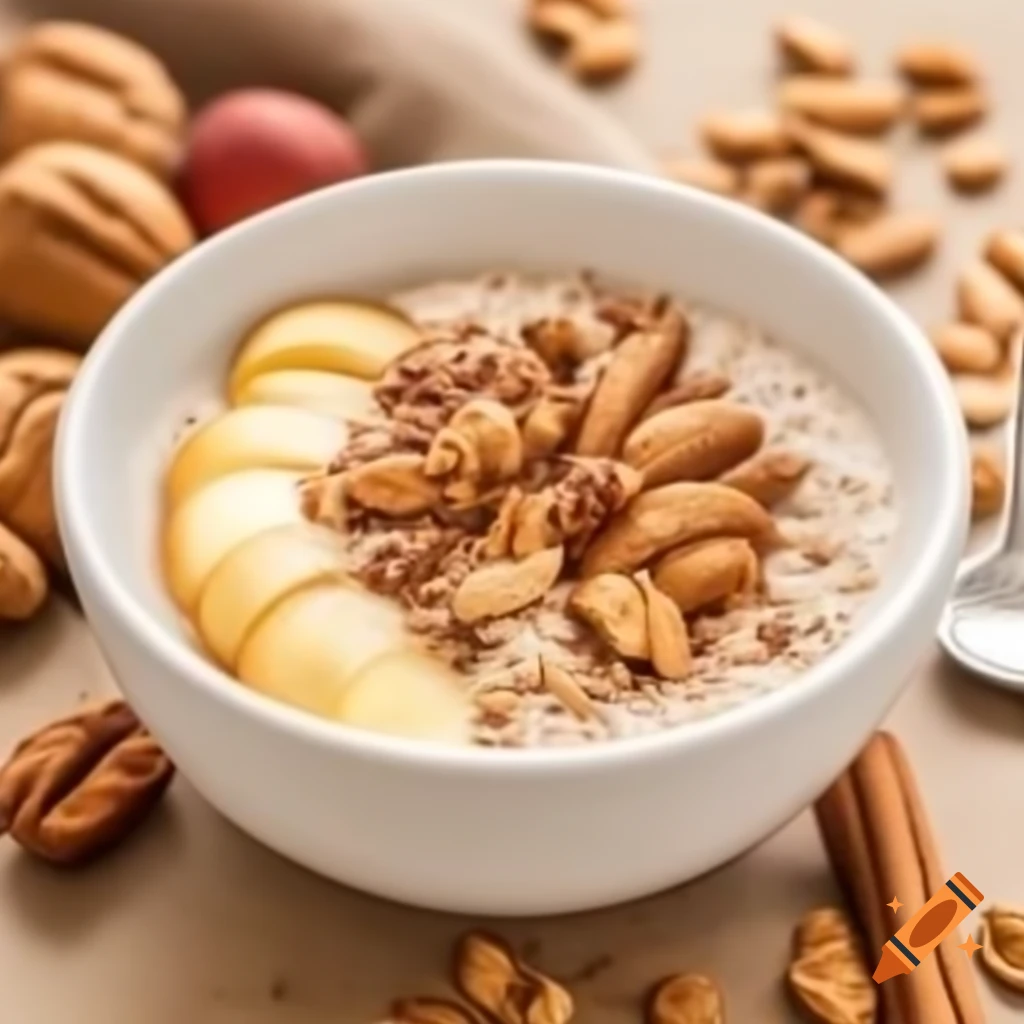 Healthy oatmeal topped with almond butter, walnuts, and apple slices