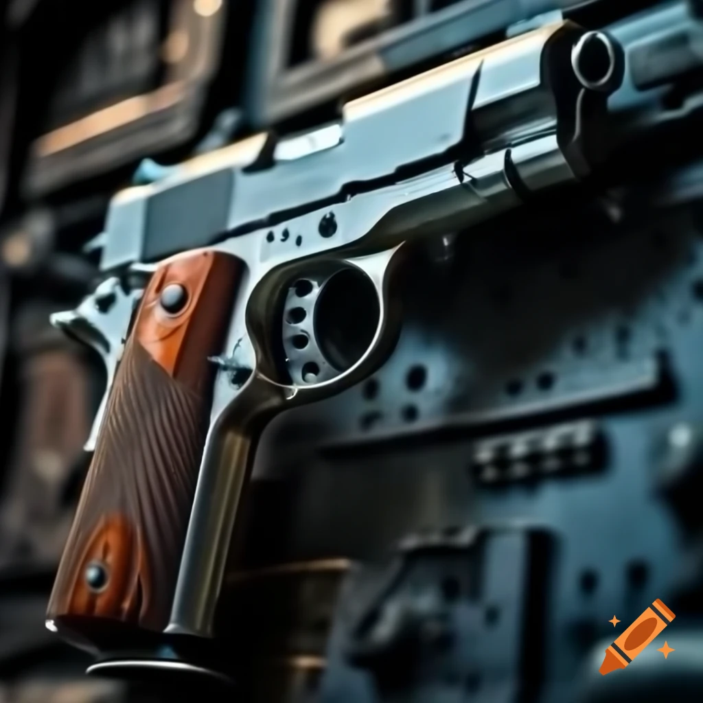 High-tech handgun in commercial advertisement with blurred Italian summer background