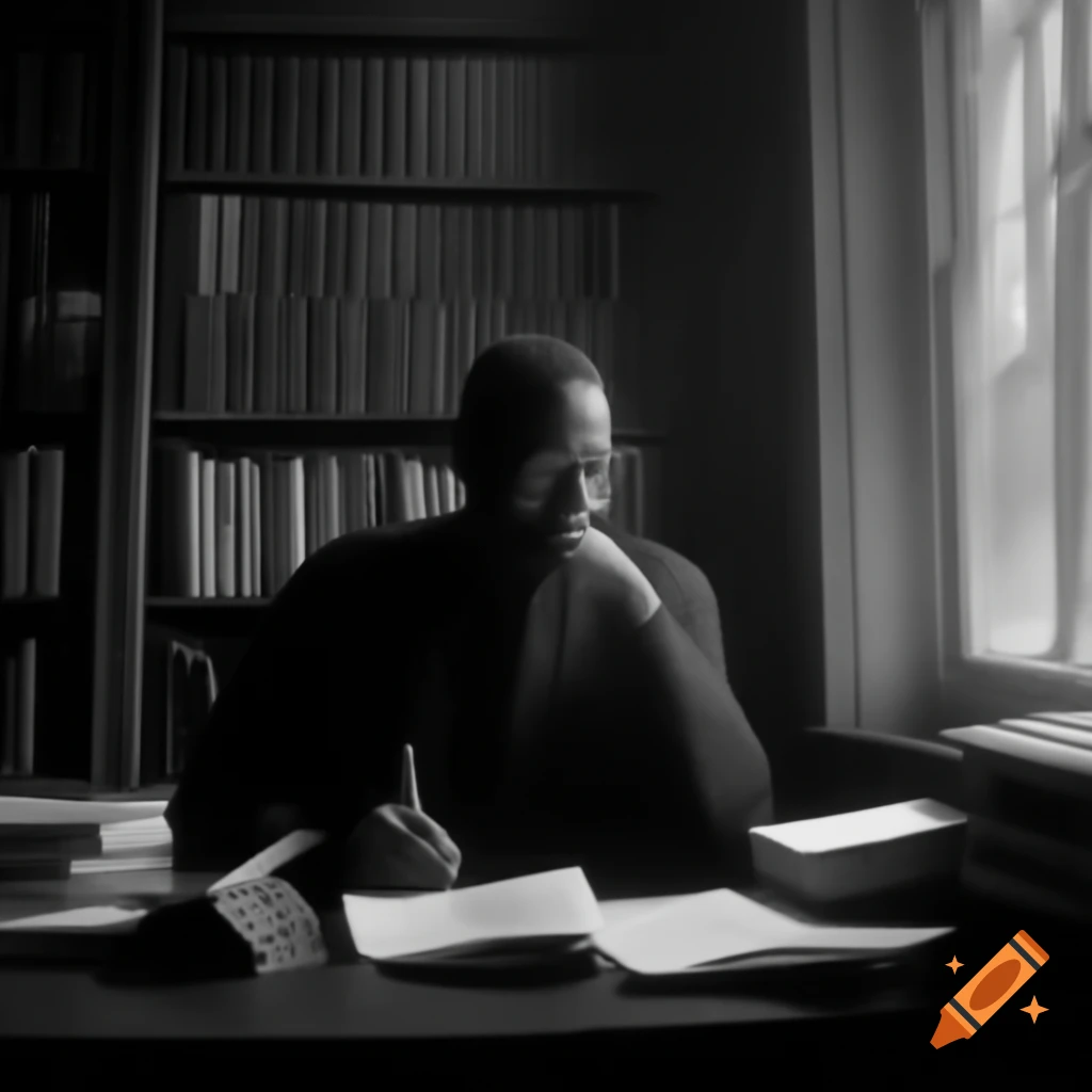 Malcolm x at desk looking out window with books and papers on Craiyon