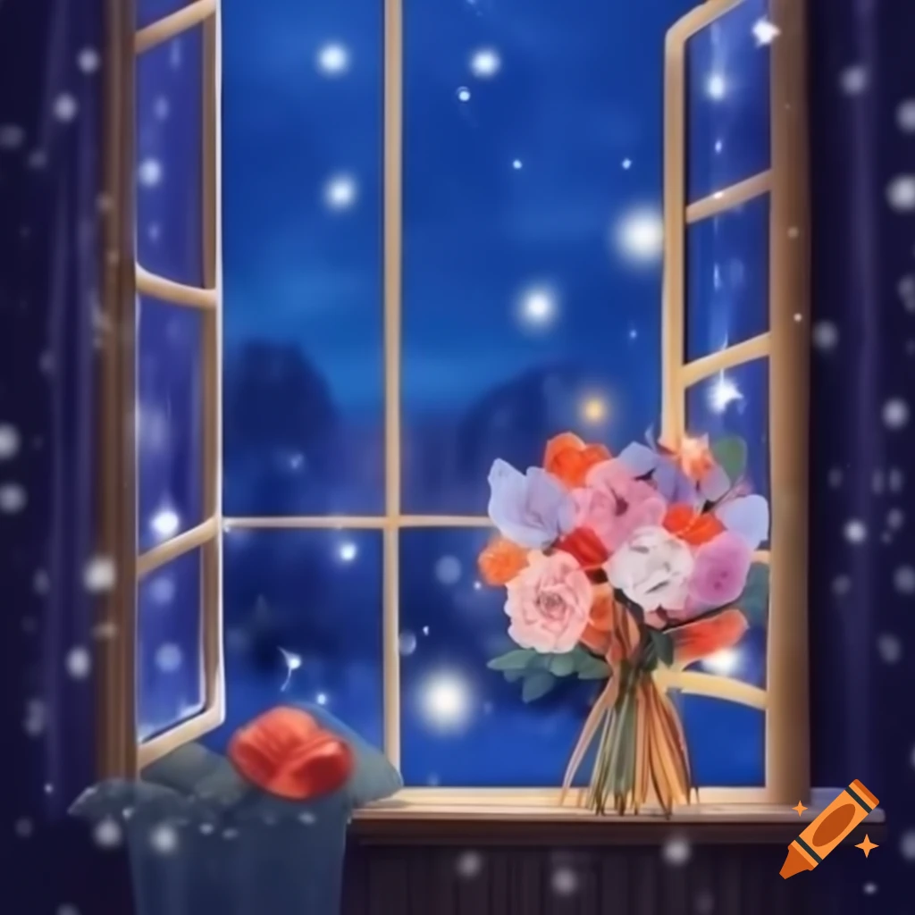 Bouquet of flowers on windowsill during winter night with stars
