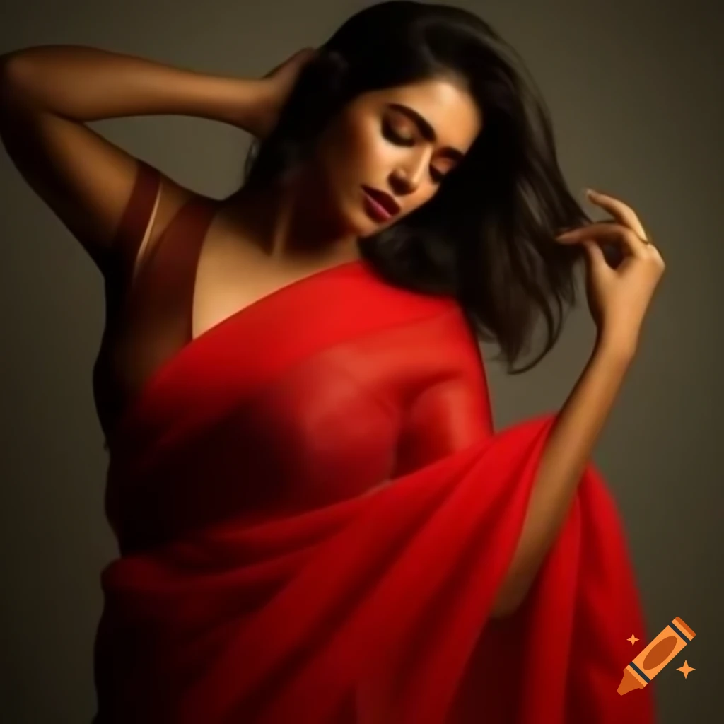 Woman in red saree confidently poses, embodying tradition and elegance