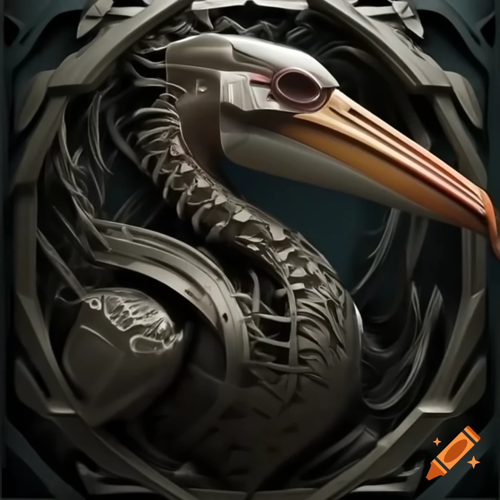 Biomechanical pelican in H.R. Giger style with skeletal frame and circuitry