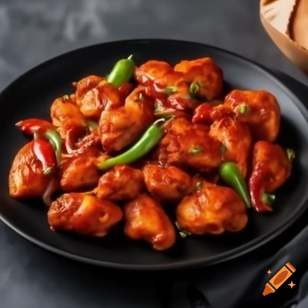 Chili chicken served on a black plate