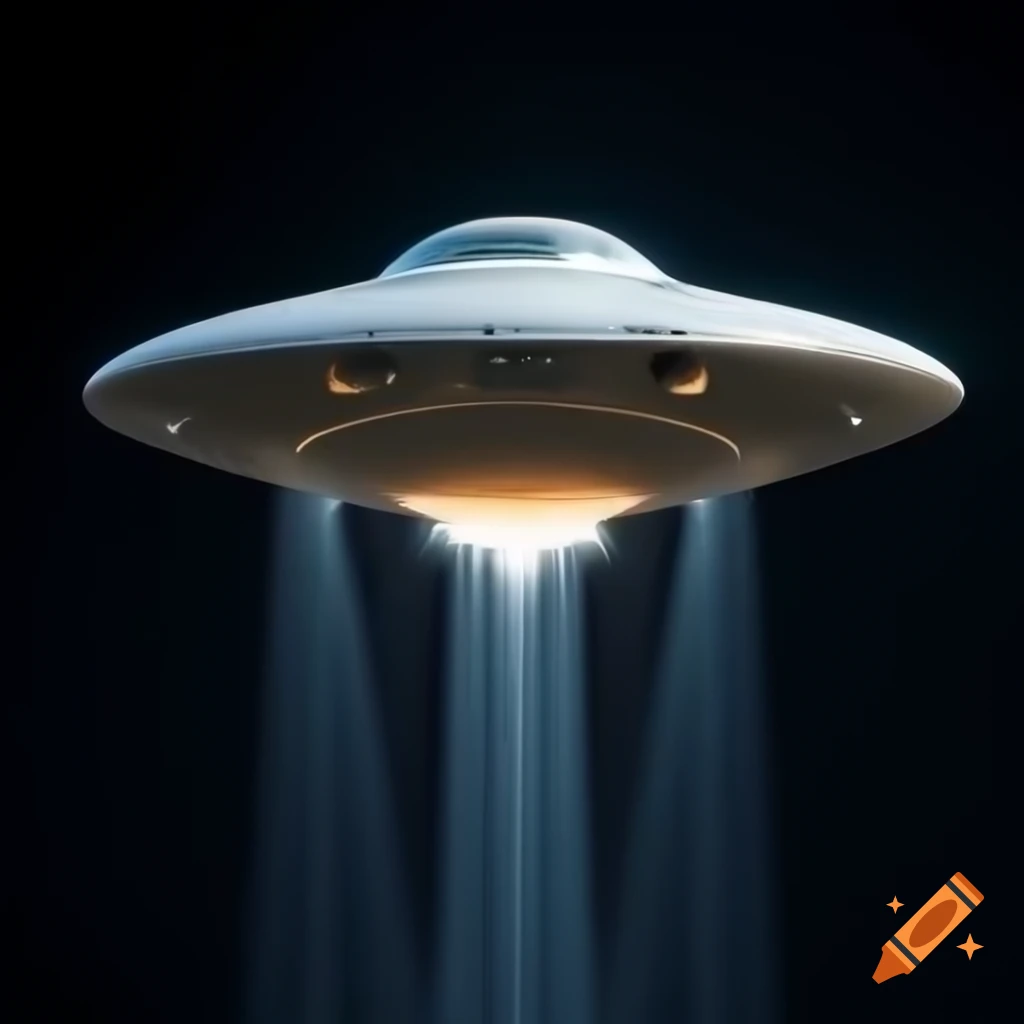 Realistic UFO flying saucer surrounded by lights against dark background on Craiyon