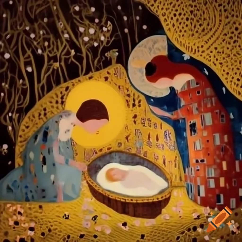 Nativity scene inspired by Gustav Klimt's artistic style