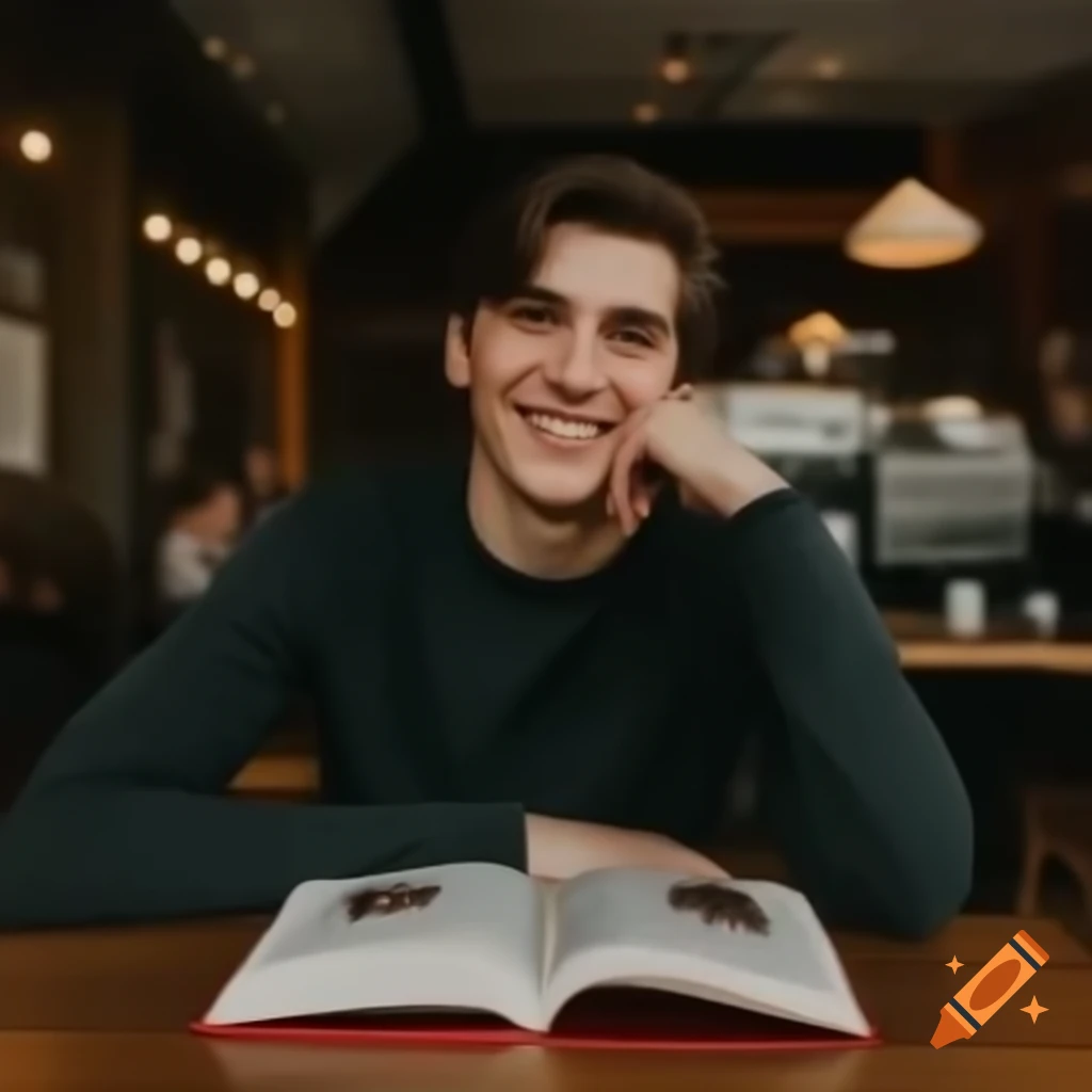 Young man smiling in cozy coffee shop with a book on Craiyon