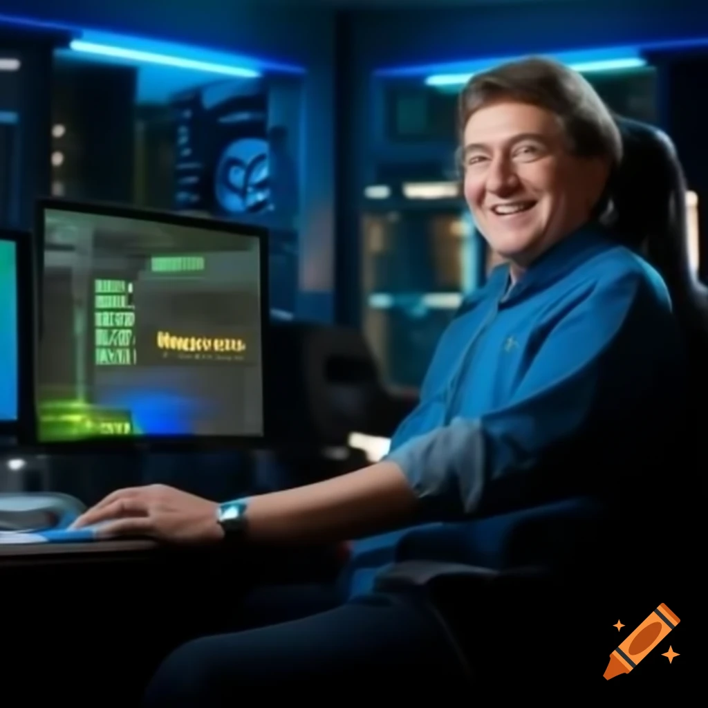 Person sitting happily in front of computer with Marcura wallpaper
