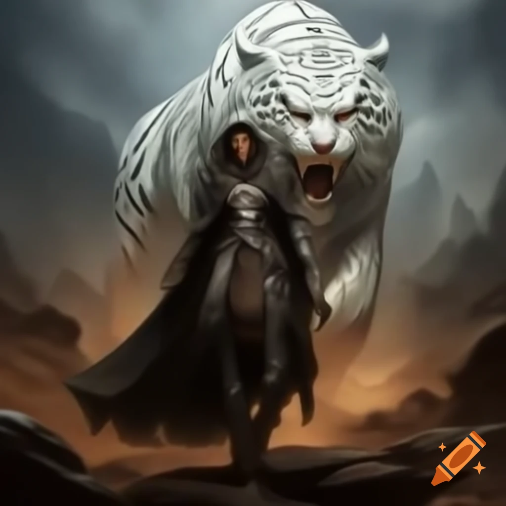 Lone rider in leather crossing desert on metal saber-toothed tiger on ...