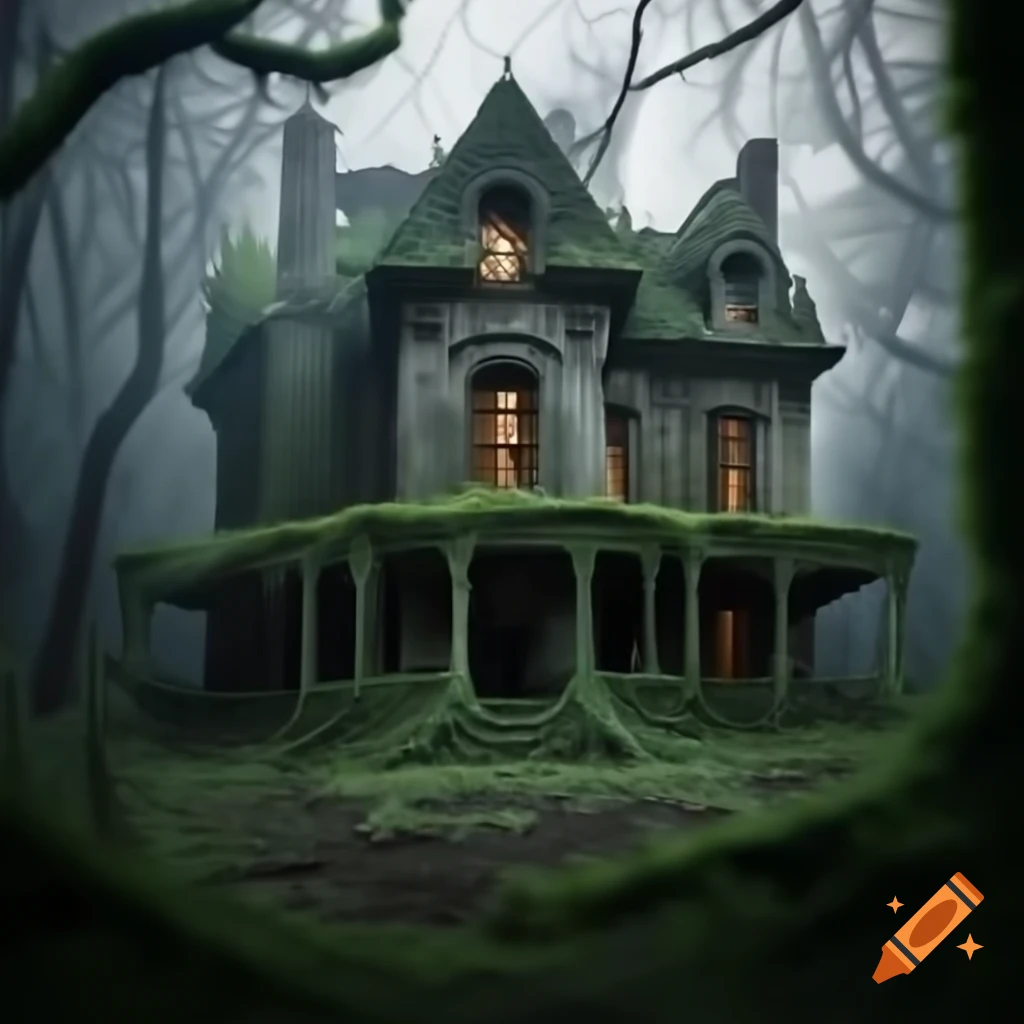 Eerie abandoned mansion covered in ivy, surrounded by fog in dense forest