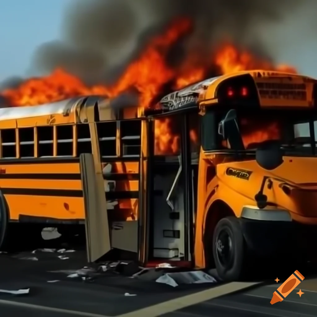 Flipped over school bus near edge with fire in the background