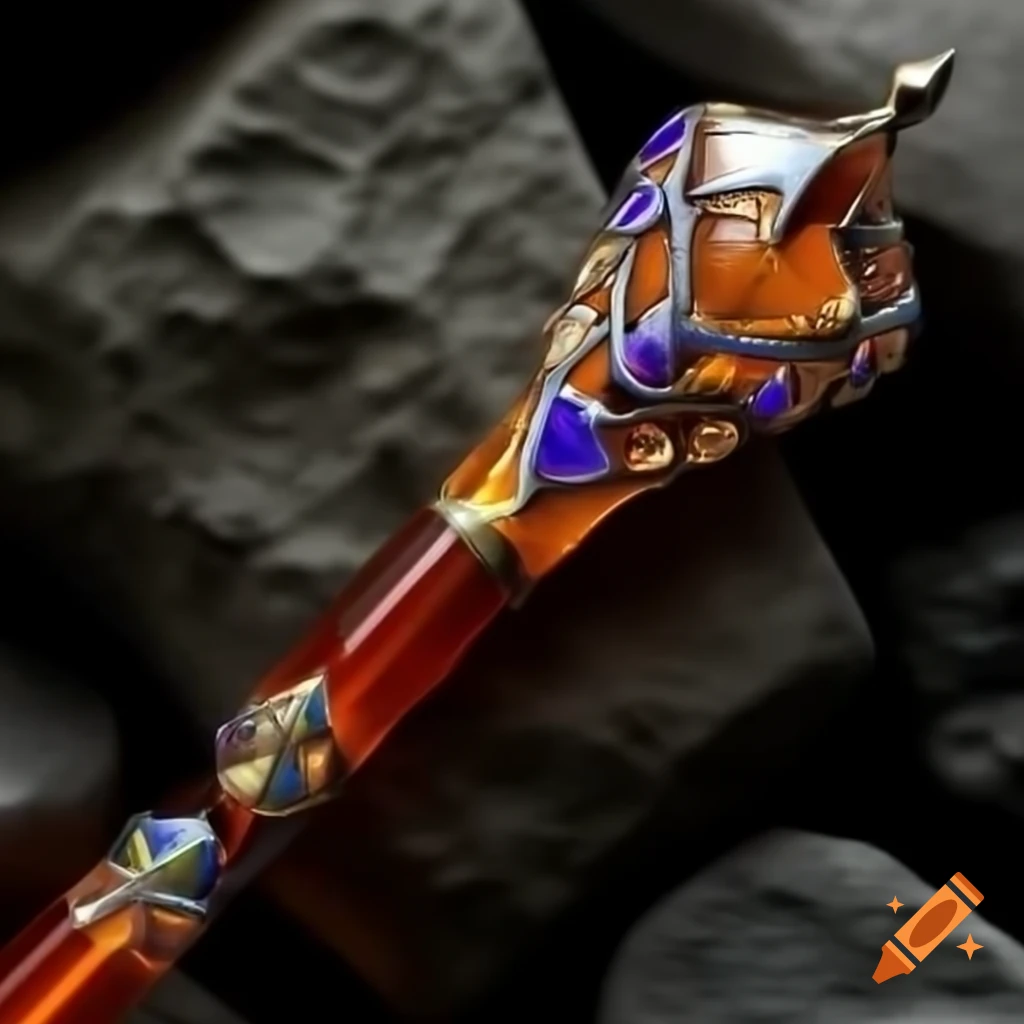 Vibrant glass staff with shimmering shield inlay against rugged stone backdrop, high-definition detail