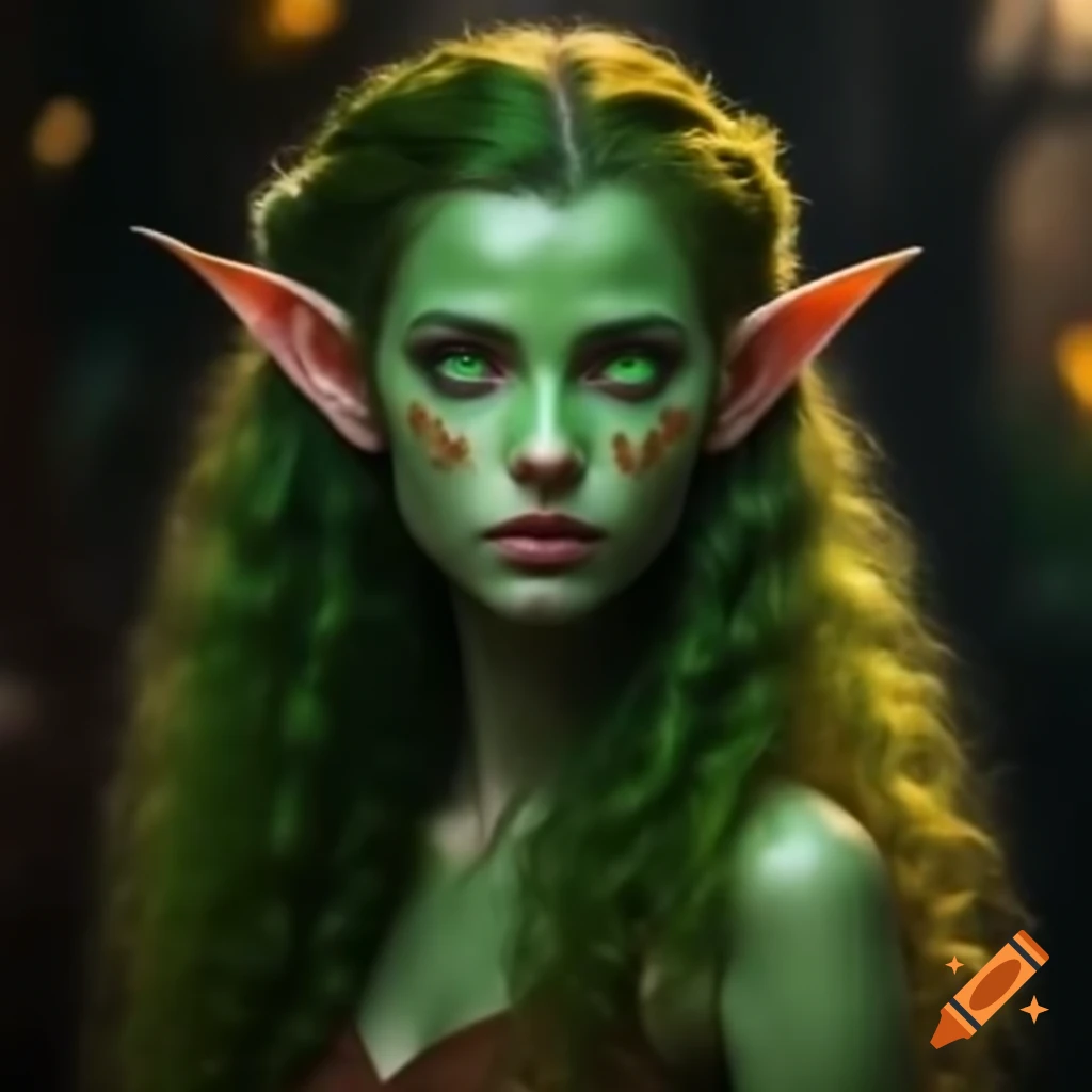 Fantasy elf woman with green curly hair and pointed ears in brown dress ...